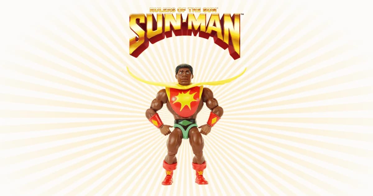 Sun-Man™ action figure beneath the Rulers of the Sun logo, on a sun-burst background